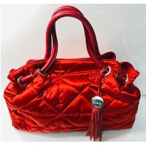Furla Quilted Red Satin Drawstring Satchel Bag Leather Handles Tassel Charm